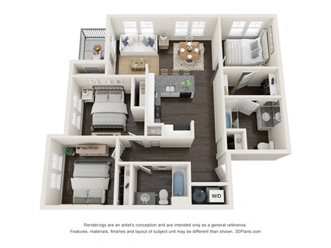 Floor plan for 3 beds, 2 baths, 1116 sqft